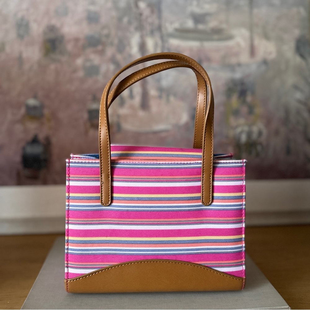 Kate Spade Late 90s Pink Striped Tote with Tan Leather Trim - HTF - Picture 4 of 6